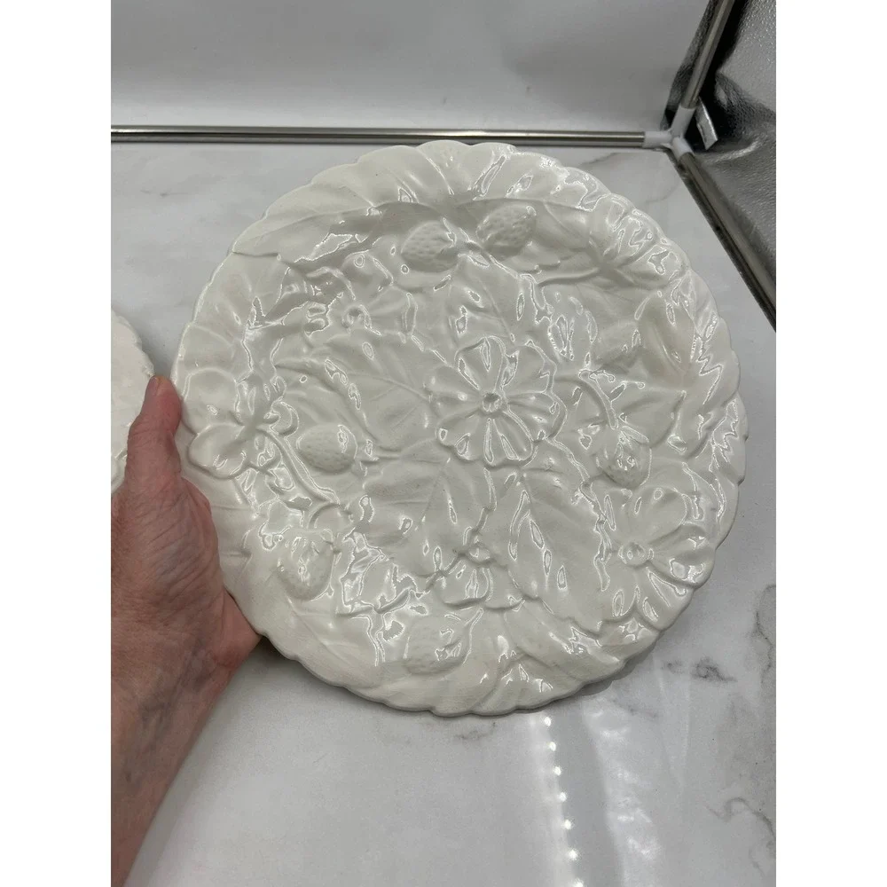Vintage P-V France White Strawberry Floral Embossed Plates Set of 2 Scalloped 8